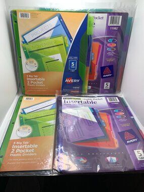 Avery 5-Tab Insertable 2-Pocket Plastic Dividers Tear Resistant Assorted Bright